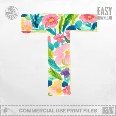 Floral letter T with watercolor flowers and leaves, PNG digital design.