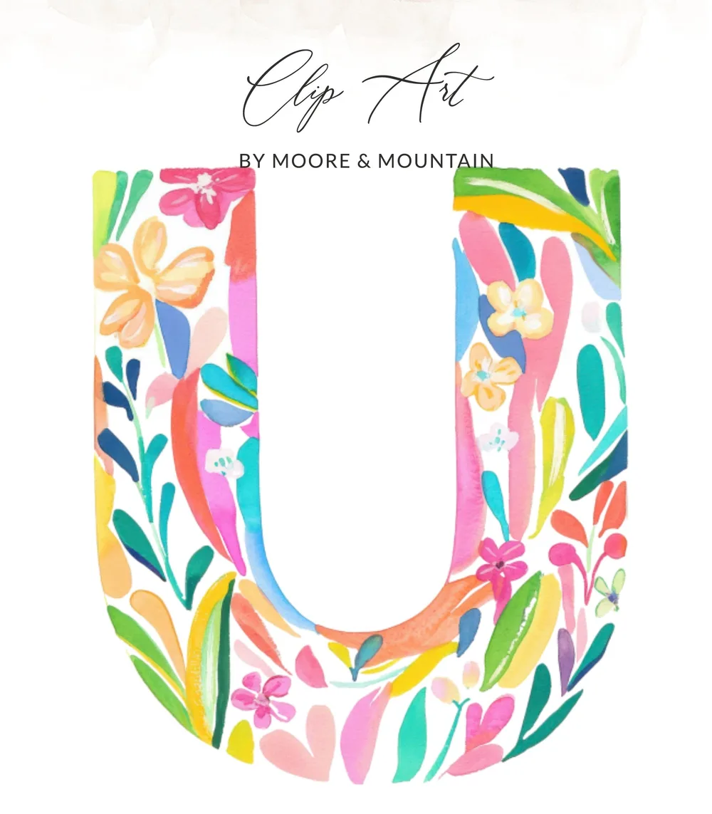 Watercolor letter U with colorful floral and leaf accents.