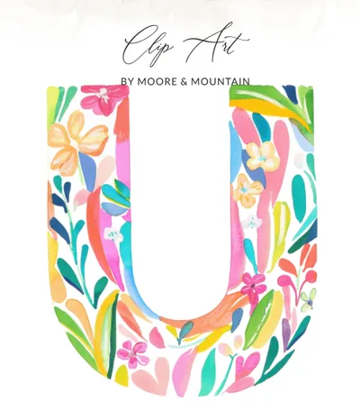 Letter U Watercolor Preppy Clipart, Vibrant Tropical Floral Initial, Painterly Neon Alphabet, Digital Download PNG SVG, Commercial Use