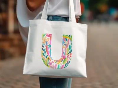 White canvas tote bag with colorful floral letter "U" design.