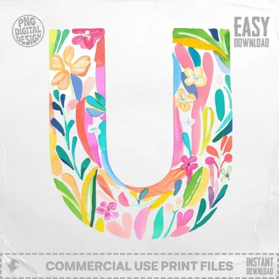 Watercolor floral letter U with "PNG DIGITAL DESIGN" and "COMMERCIAL USE PRINT FILES".