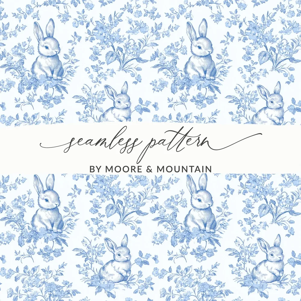 Light Blue and White Baby Boy Blue Floral Bunny Seamless Pattern for Spring Decor - Moore and Mountain