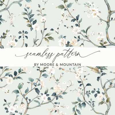 Light Blue Chinoiserie Floral Pattern on Pastel Background Vintage Style Digital