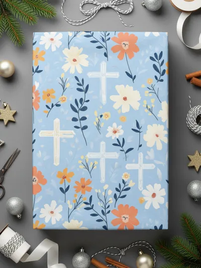 Light Blue Floral Cross Pattern Digital Paper, Spring Flowers, Watercolor Design, Easter Seamless Pattern, Neutral Background - Moore and Mountain