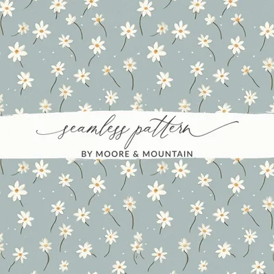 Light Blue Seamless Modern Boho Background Daisy Field