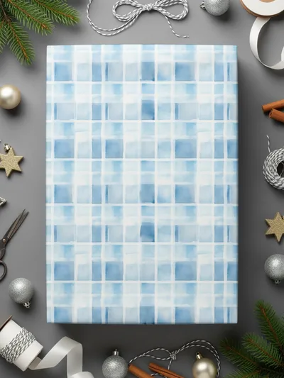 Blue and White Plaid Pattern Wrapping Paper Product
