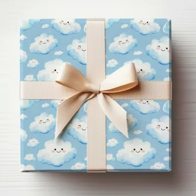 Cute Smiling Clouds Gift Wrap with Beige Ribbon Design