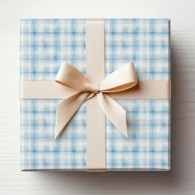 Elegant Blue Plaid Gift Wrapping with Cream Ribbon
