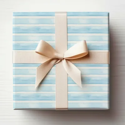 Elegant Blue Striped Gift Box with Cream Ribbon Bow