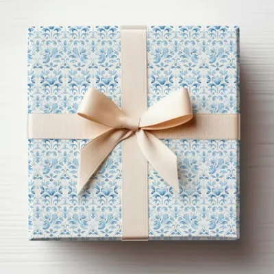 Elegant Blue Floral Design Gift Wrap with Bow