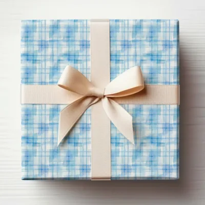 Elegant Blue Plaid Gift Wrap with Cream Ribbon Product