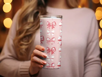 Pink Tumbler Cup with Red and White Bow Designs