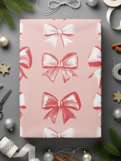 Festive Pink Wrapping Paper with Red Bow Design