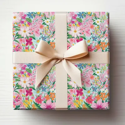 Beautiful Floral Patterned Gift Wrap with Elegant Ribbon