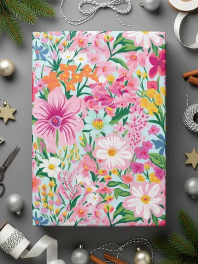 Colorful Floral Gift Wrap with Spring Flowers Pattern