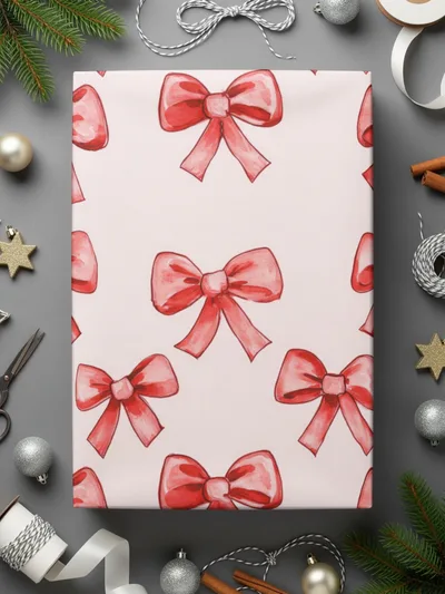 Red Bow Patterned Gift Wrap with Festive Decorations