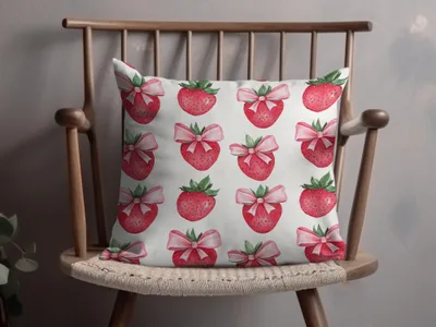 Strawberry Print Throw Pillow with Pink Bows