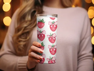 Strawberry Bow Print Insulated Beverage Tumbler Cup