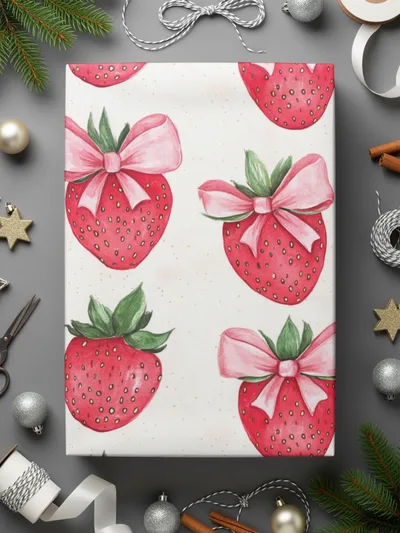 Strawberry Gift Wrap with Pink Bows Wrapping Paper