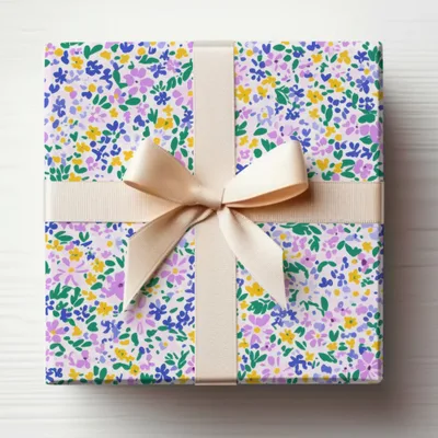 Floral Patterned Gift Box with Beige Ribbon Bow