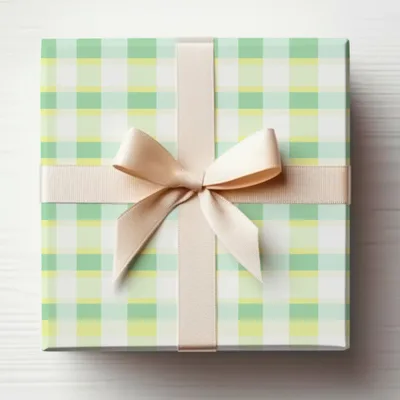 Green and Yellow Plaid Gift Box with Cream Ribbon