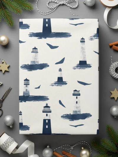 Lighthouse and Sailboats Pattern Wrapping Paper