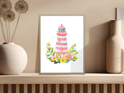 Watercolor painting of a striped lighthouse with flowers and greenery.