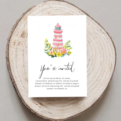 Striped lighthouse and floral watercolor invitation with "You're invited" text.