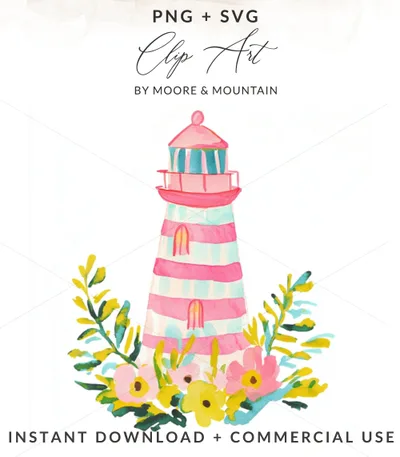 Watercolor lighthouse with pink stripes, surrounded by floral foliage.