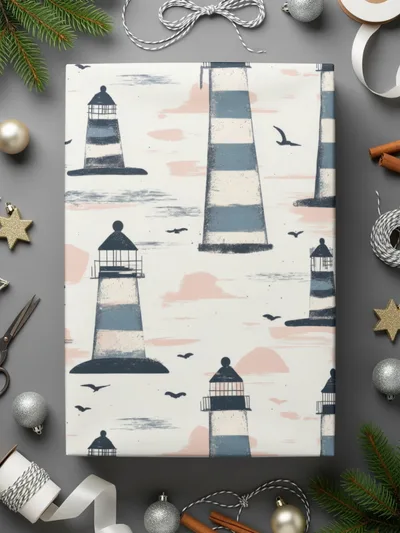 Lighthouse Pattern Digital Paper, Seamless Nautical Theme Design, Coastal Print for Crafts, Two Scale Options, JPEG Files - Moore and Mountain