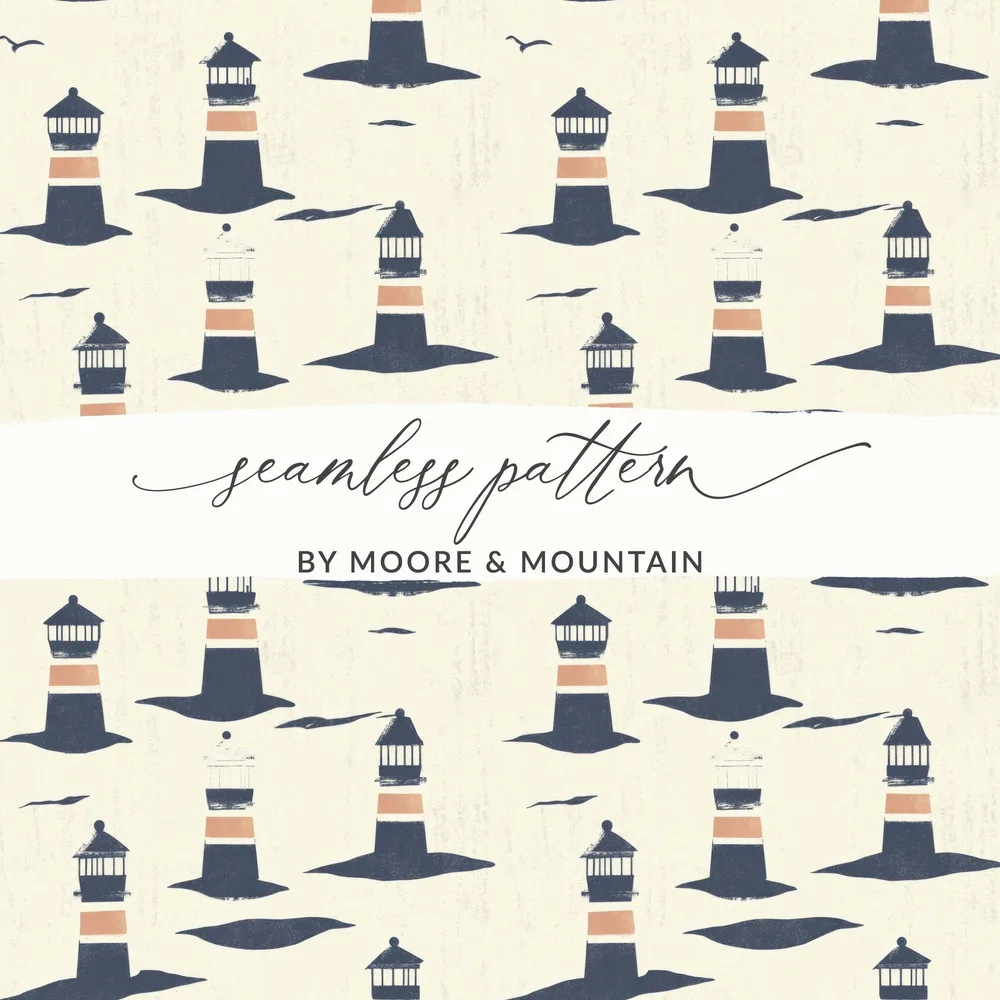 Lighthouse Seamless Digital Pattern, Nautical Theme, Coastal Design, Printable Paper, Fabric Design, 2 JPEG files, Ocean Art, Digital - Moore and Mountain