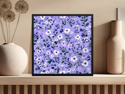 Purple Floral Pattern Art in Black Frame Wall Decor
