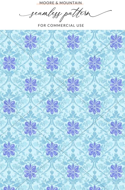 Seamless floral pattern with blue flowers and green leaves on a light blue background.