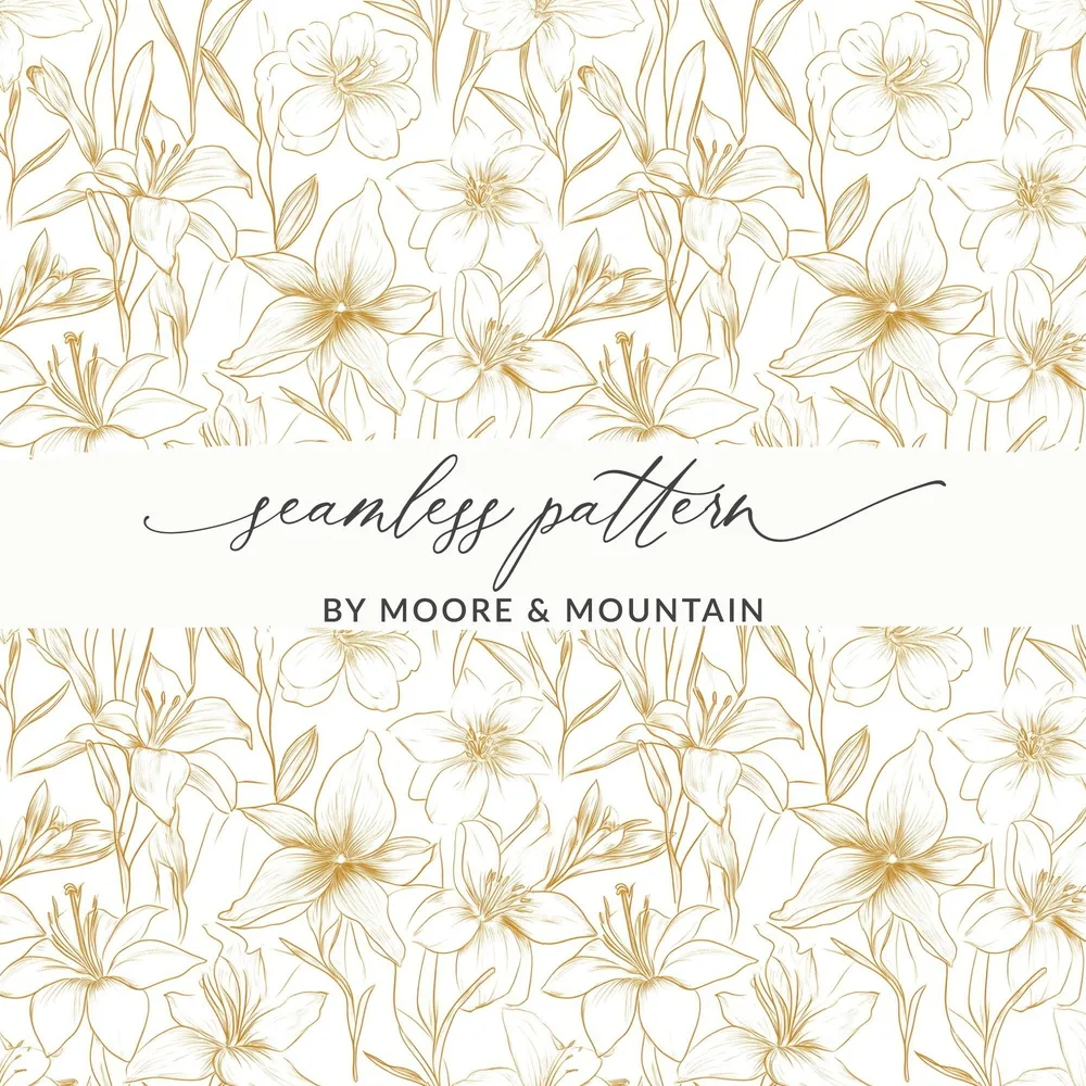 Lily Floral Pattern Digital Paper, Seamless Flower Design, Gold Line Art Pattern, Scrapbooking Pattern, Fabric Design, Digital Download - Moore and Mountain