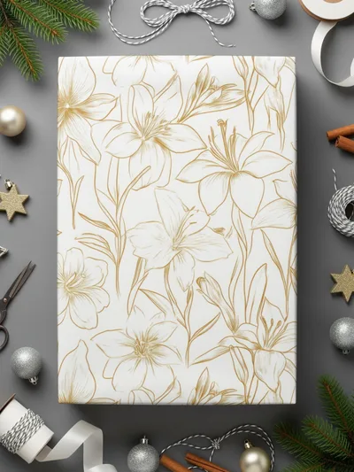 Lily Floral Pattern Digital Paper, Seamless Flower Design, Gold Line Art Pattern, Scrapbooking Pattern, Fabric Design, Digital Download - Moore and Mountain