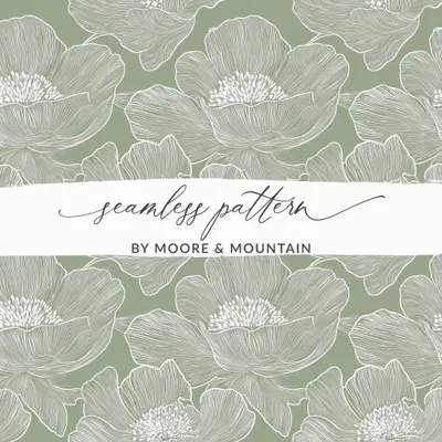 Line Art Seamless Pattern, Elegant Sage Green Floral Digital Paper, Seamless Anemone Pattern, Delicate Outline Flower Art, Botanical