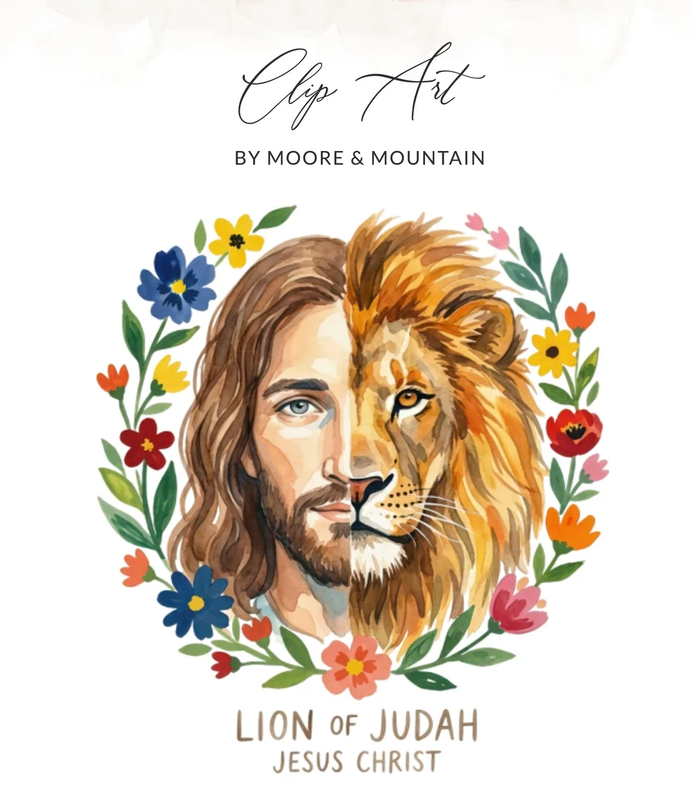 Jesus Christ's face split with a lion's face, surrounded by flowers.