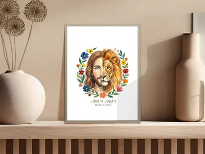 Lion of Judah Jesus Christ portrait with floral wreath.