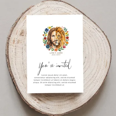 Invitation with "Lion of Judah Jesus Christ" and floral border.