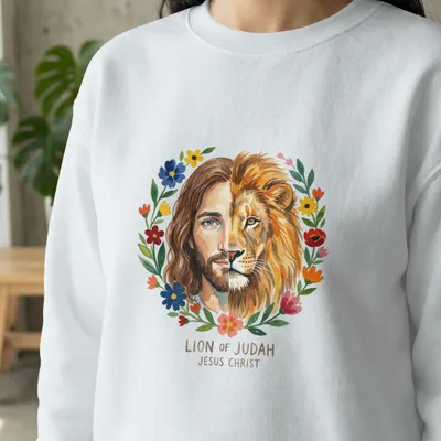 Jesus and lion emblem with "Lion of Judah Jesus Christ" text.