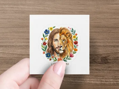 Half face of Jesus and half face of a lion surrounded by flowers.