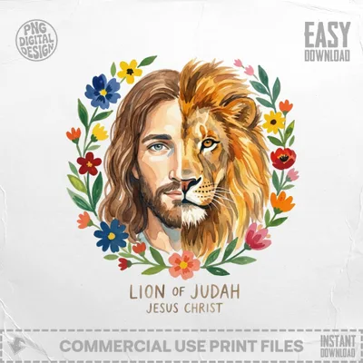 Jesus Christ depicted as the Lion of Judah with a floral wreath.