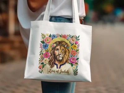 Tote bag with Jesus as the Lion of Judah, surrounded by flowers.