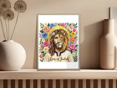 Jesus as the Lion of Judah in a floral halo, framed art print.
