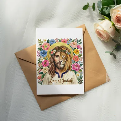 Card with Jesus as the Lion of Judah surrounded by colorful flowers.