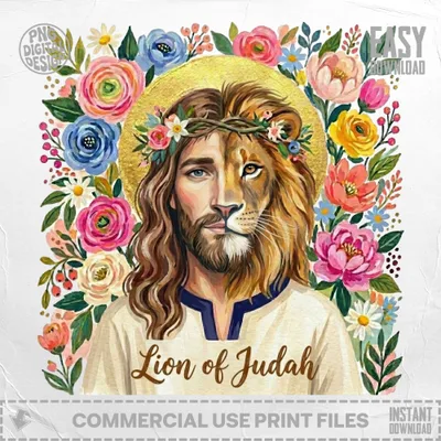 Jesus with lion's mane, floral wreath, "Lion of Judah" text.
