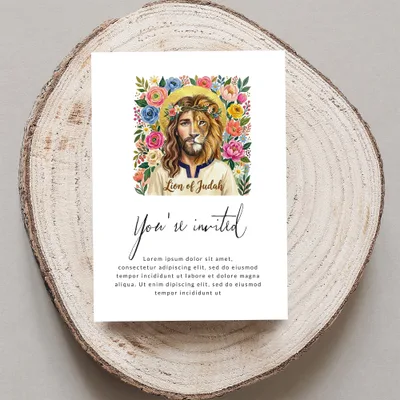 Invitation with "Lion of Judah" and floral wreath, "You're invited" text.