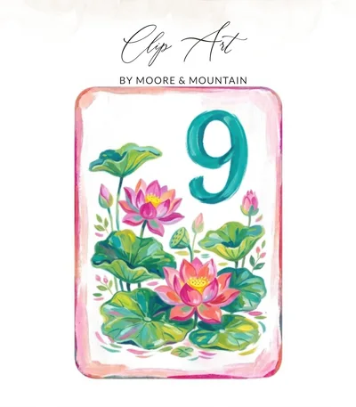 Lotus Table Number 9 Digital Print, Pink Floral Chinoiserie Art, Painted Preppy Botanical Poster, Grandmillennial Wedding Clipart Download