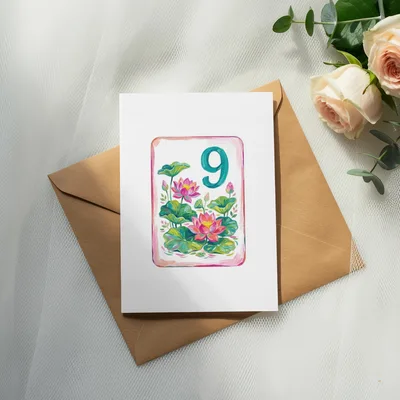 Lotus Table Number 9 Digital Print, Pink Floral Chinoiserie Art, Painted Preppy Botanical Poster, Grandmillennial Wedding Clipart Download