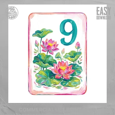 Lotus Table Number 9 Digital Print, Pink Floral Chinoiserie Art, Painted Preppy Botanical Poster, Grandmillennial Wedding Clipart Download